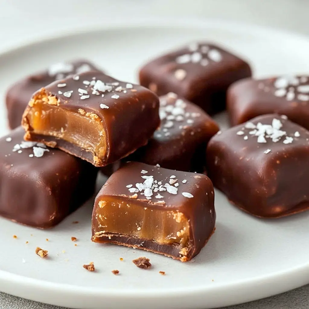 Close-up of dark chocolate–coated date caramels on parchment paper with one piece sliced to show the chewy caramel center and a sprinkle of flaky sea salt, Date Treats.