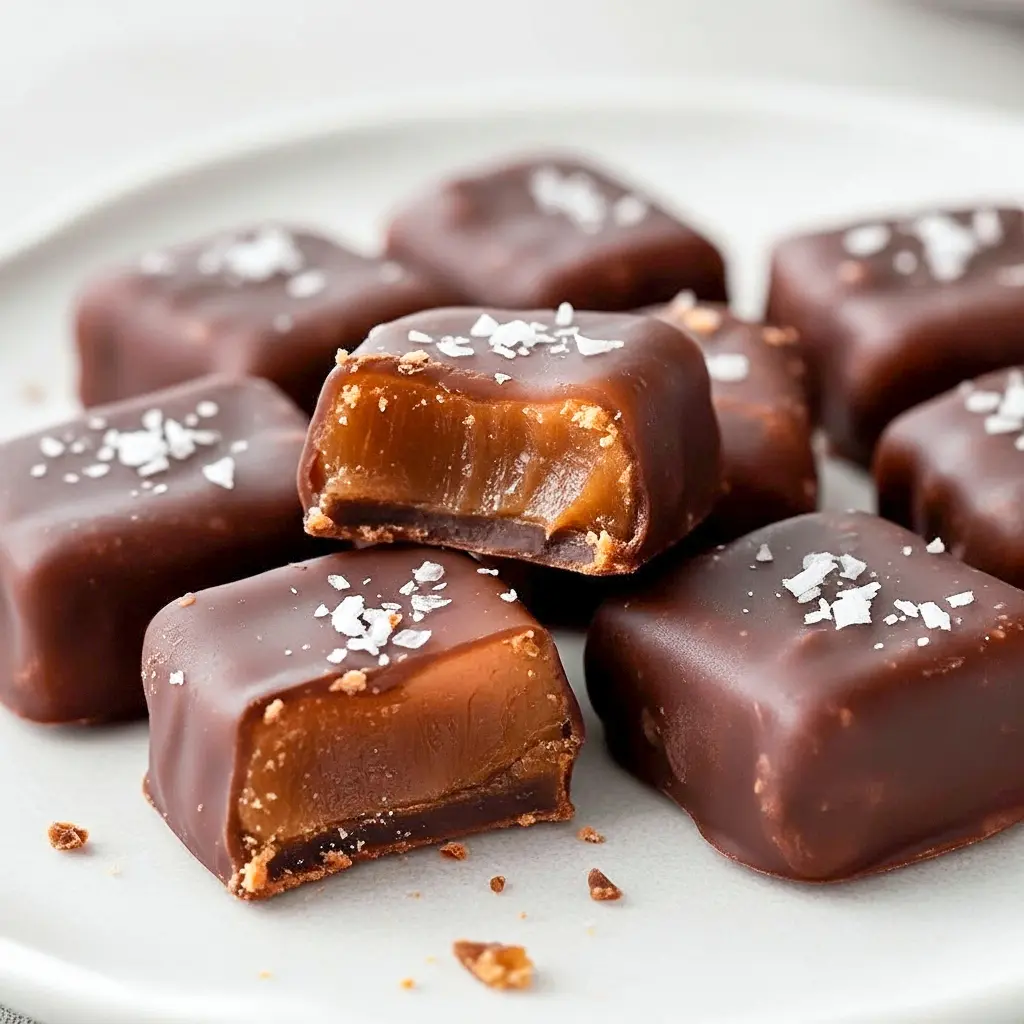 Close-up of dark chocolate–coated date caramels on parchment paper with one piece sliced to show the chewy caramel center and a sprinkle of flaky sea salt, Date Treats.