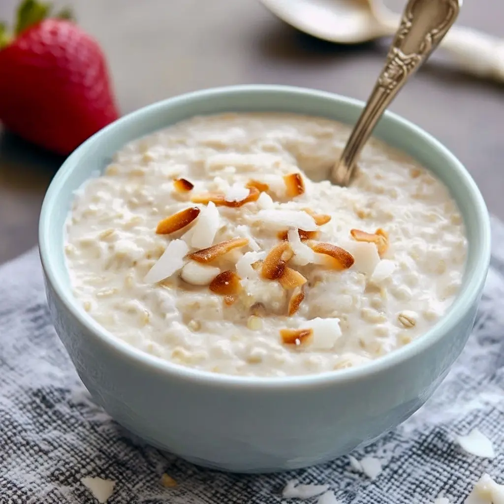 Jar of creamy coconut overnight oats topped with whipped cream, banana slices, and toasted shredded coconut, Creamy Oats With Coconut Milk.