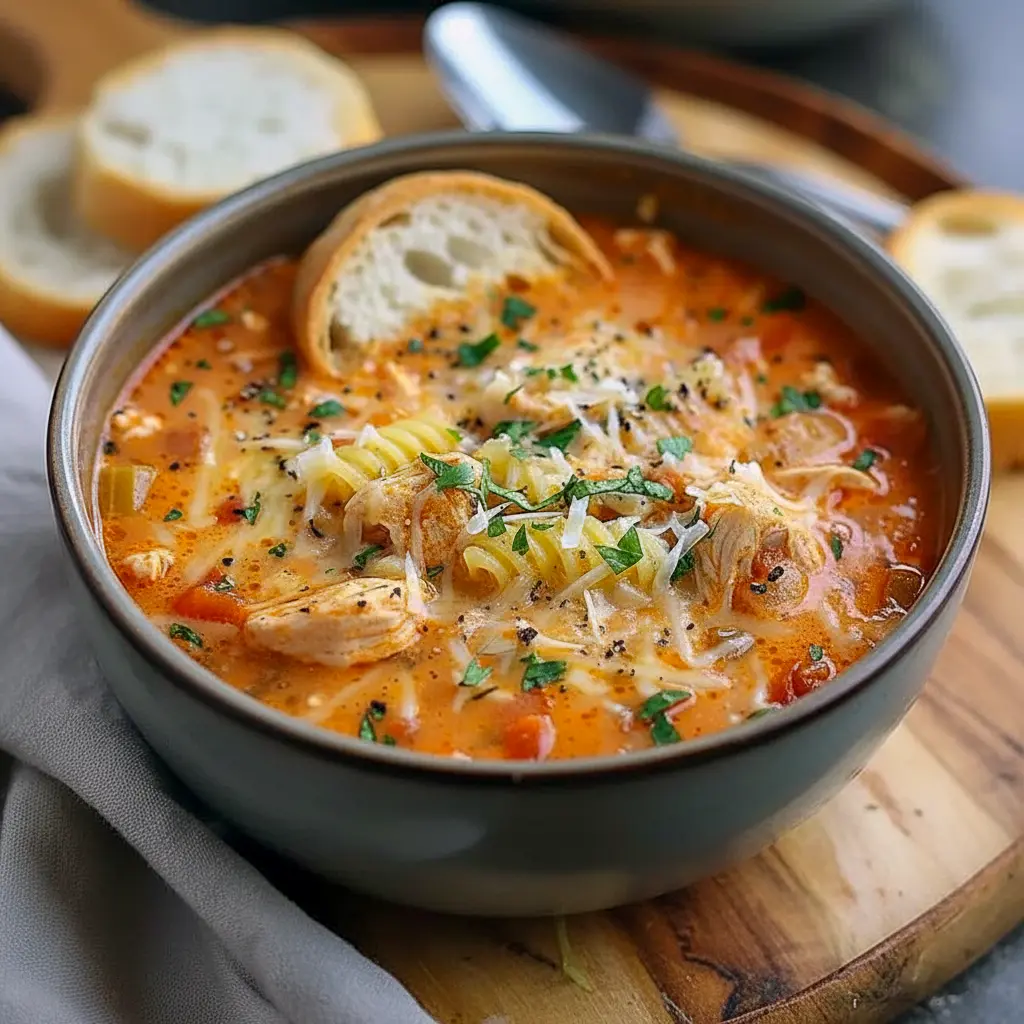Steaming bowl of tomato-based chicken soup with shredded chicken, small pasta, melted mozzarella, grated Parmesan, and fresh basil on top, Parmesan Soup.