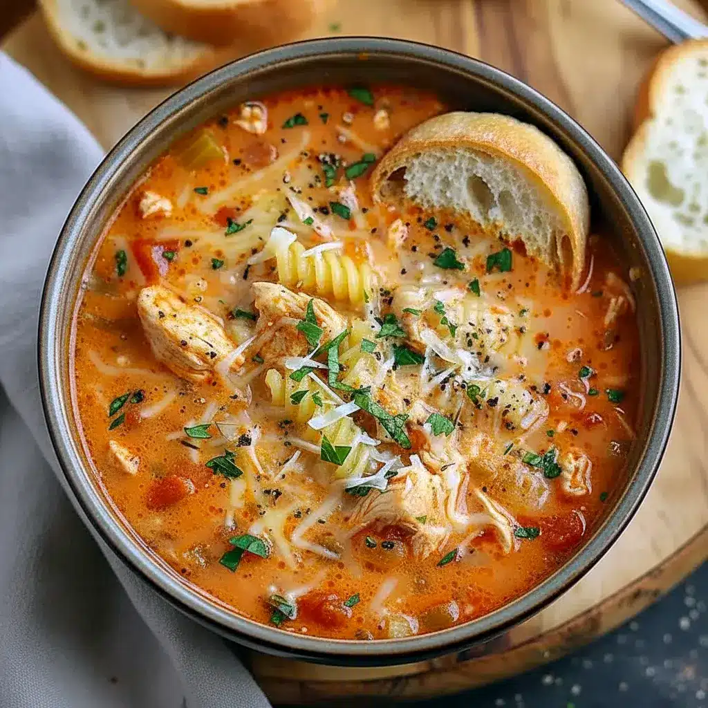 Steaming bowl of tomato-based chicken soup with shredded chicken, small pasta, melted mozzarella, grated Parmesan, and fresh basil on top, Parmesan Soup.