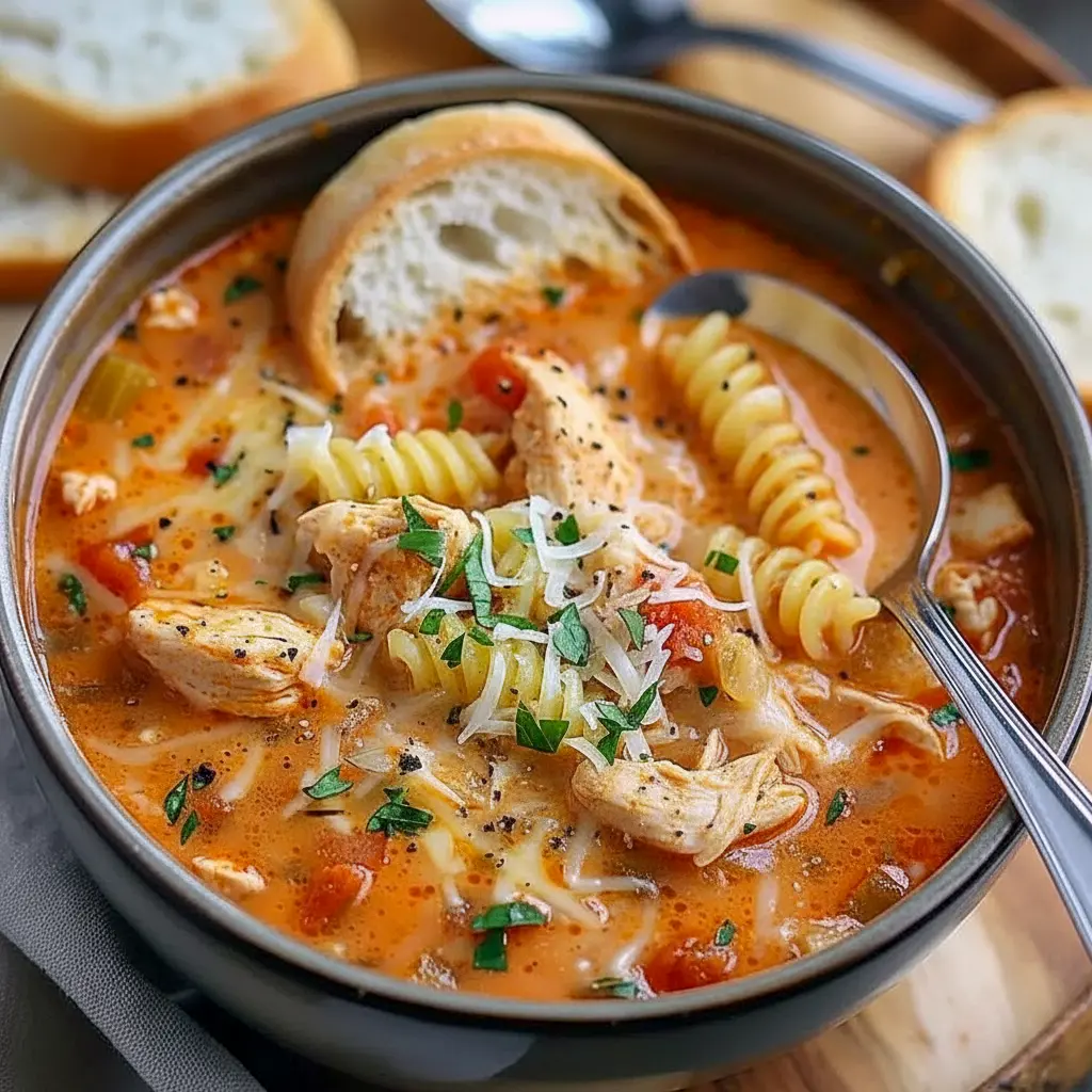 Steaming bowl of tomato-based chicken soup with shredded chicken, small pasta, melted mozzarella, grated Parmesan, and fresh basil on top, Parmesan Soup.