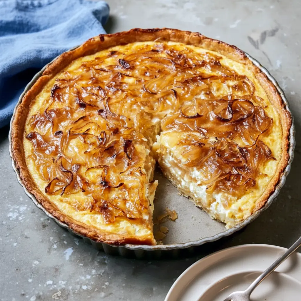 Slice of golden High Protein Soft Meals Caramelized Onion & Gruyère Cottage Cheese Bake on a plate, showing jammy onions and melted cheese — perfect among Casseroles Using Cottage Cheese and a top High Protein Comfort Meals pick.