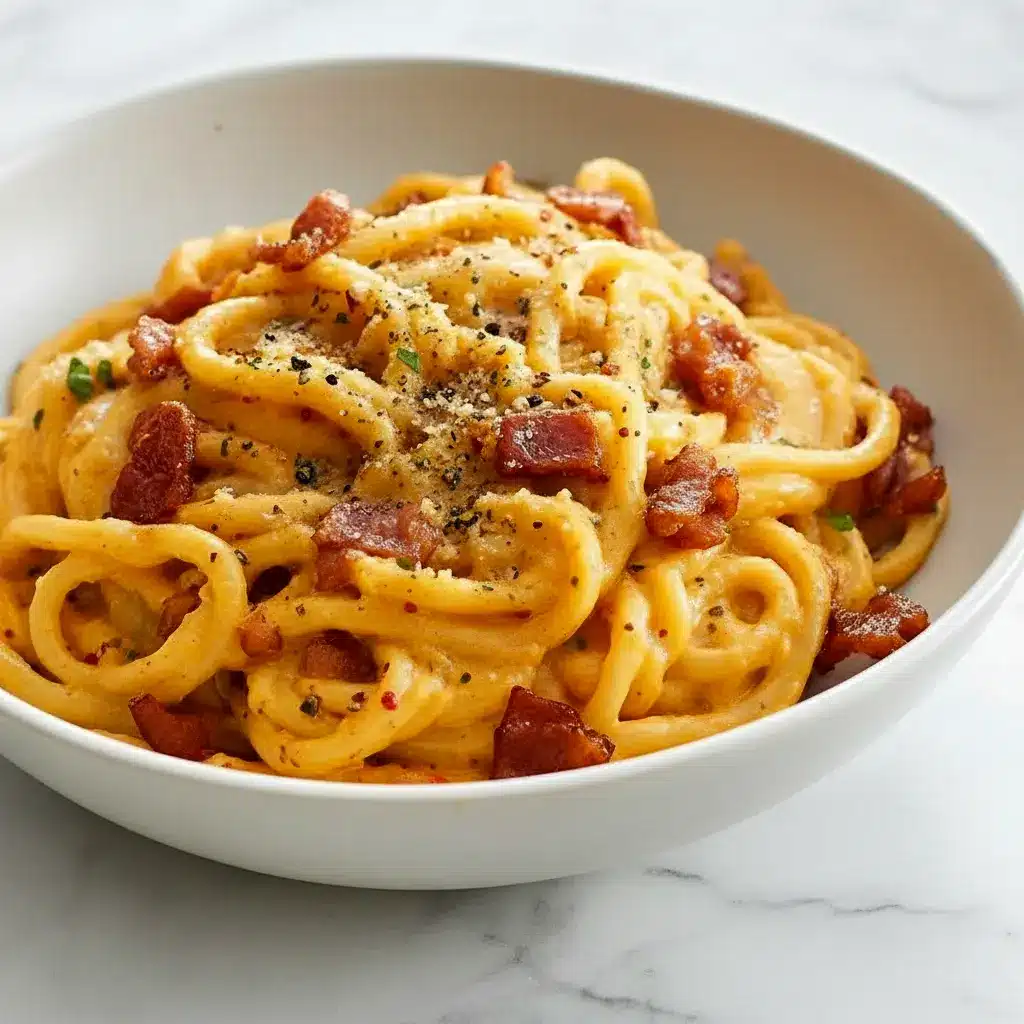 Glossy spaghetti coated in a creamy egg-and-cheese sauce with visible kimchi pieces, crispy bacon bits, grated Parmesan, and sliced scallions on top, Carbonara Recipe.
