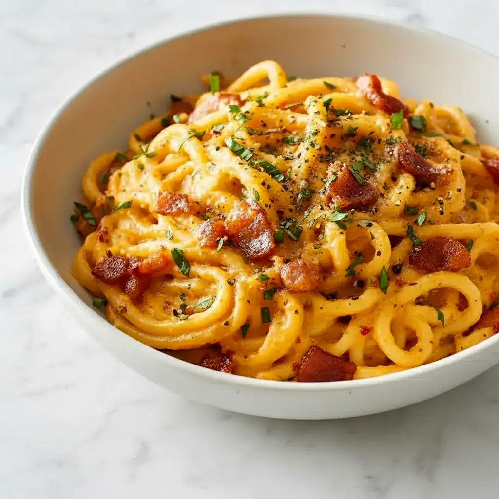Glossy spaghetti coated in a creamy egg-and-cheese sauce with visible kimchi pieces, crispy bacon bits, grated Parmesan, and sliced scallions on top, Carbonara Recipe.
