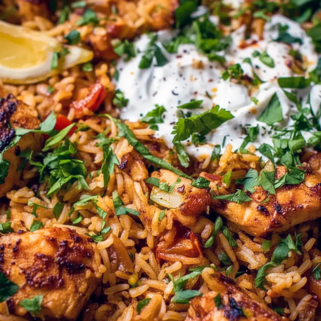 Close-up of golden-browned chicken strips nestled in fragrant basmati rice, garnished with chopped parsley, toasted almonds, and a lemon wedge, One Pot Chicken Shawarma Rice.