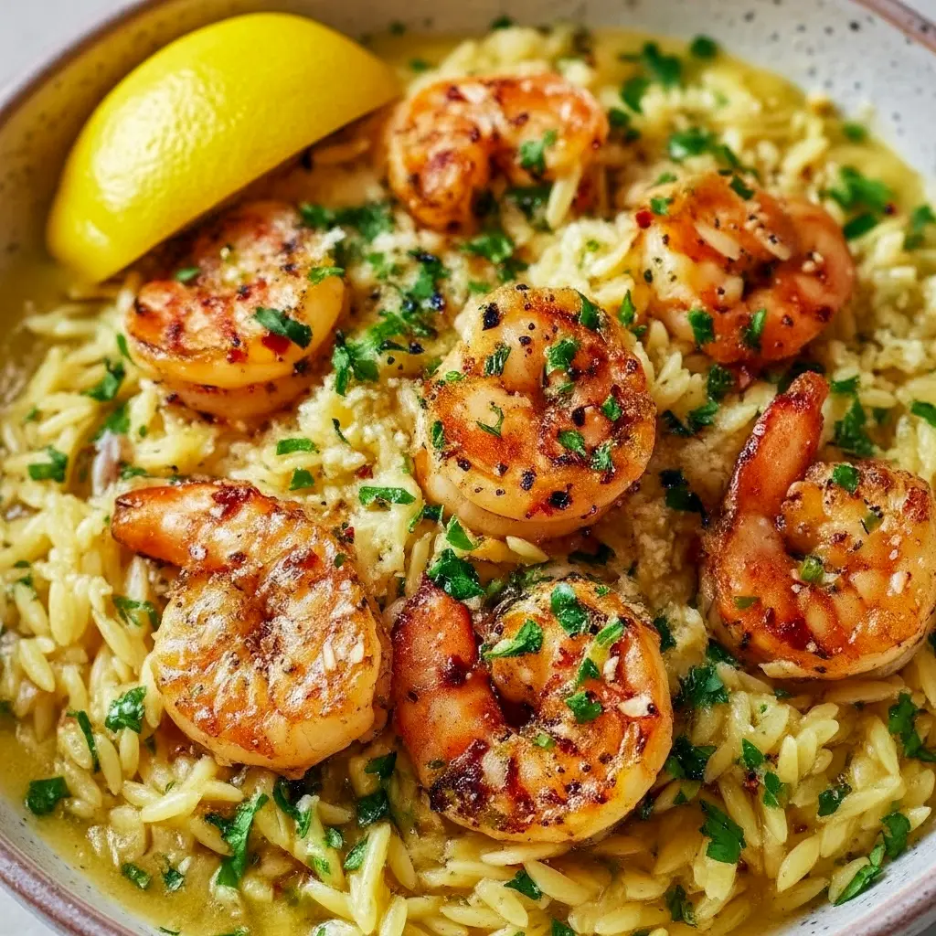 Close-up of lemon-garlic shrimp plated over orzo pasta, garnished with chopped parsley and lemon wedges, Shrimp Orzo with Lemon Garlic Sauce.