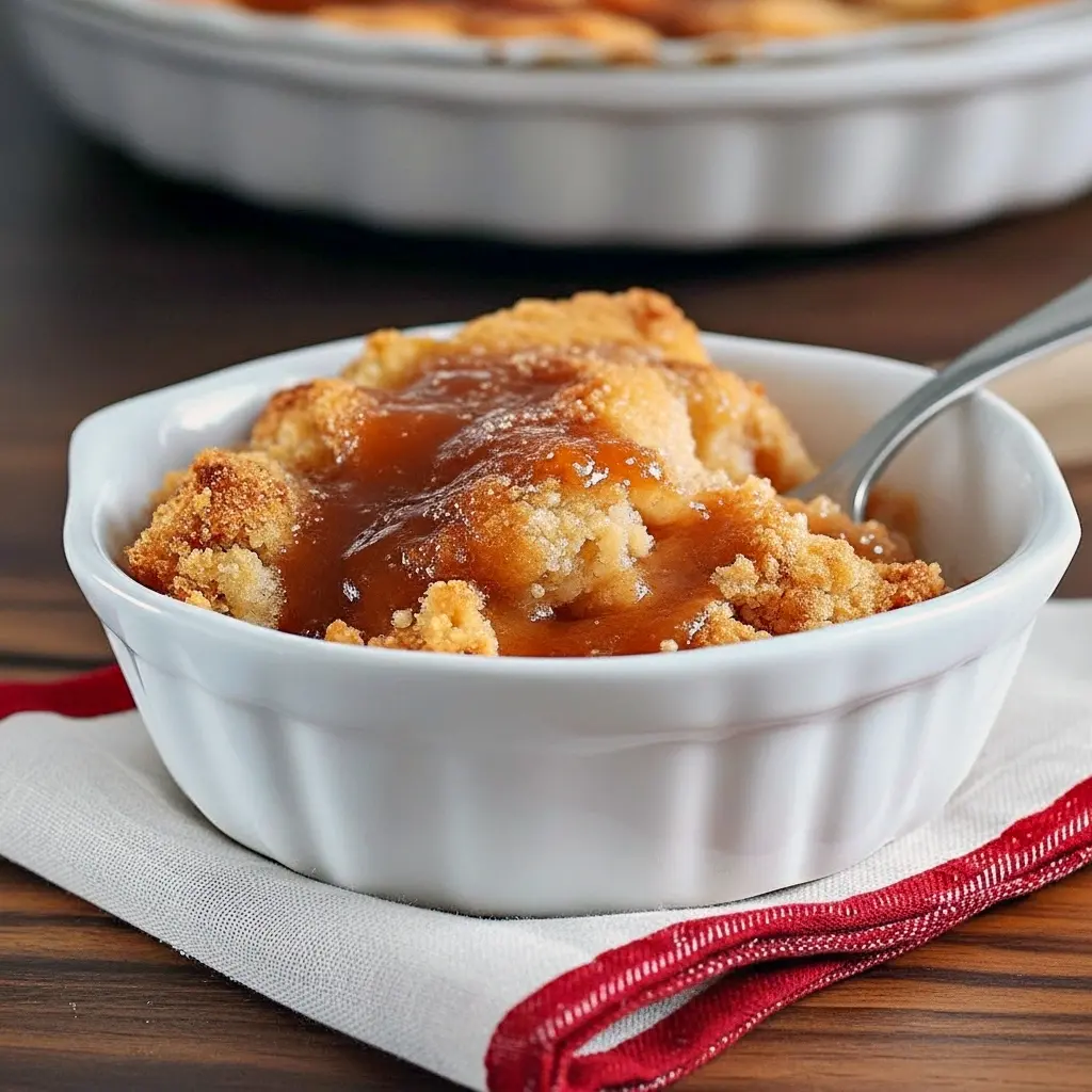 Close-up of a golden snickerdoodle cobbler square dusted with powdered sugar, the inside gooey and cinnamon-speckled, served on a white plate with a melting scoop of vanilla ice cream and a cinnamon sprinkle, Snickerdoodle Casserole.