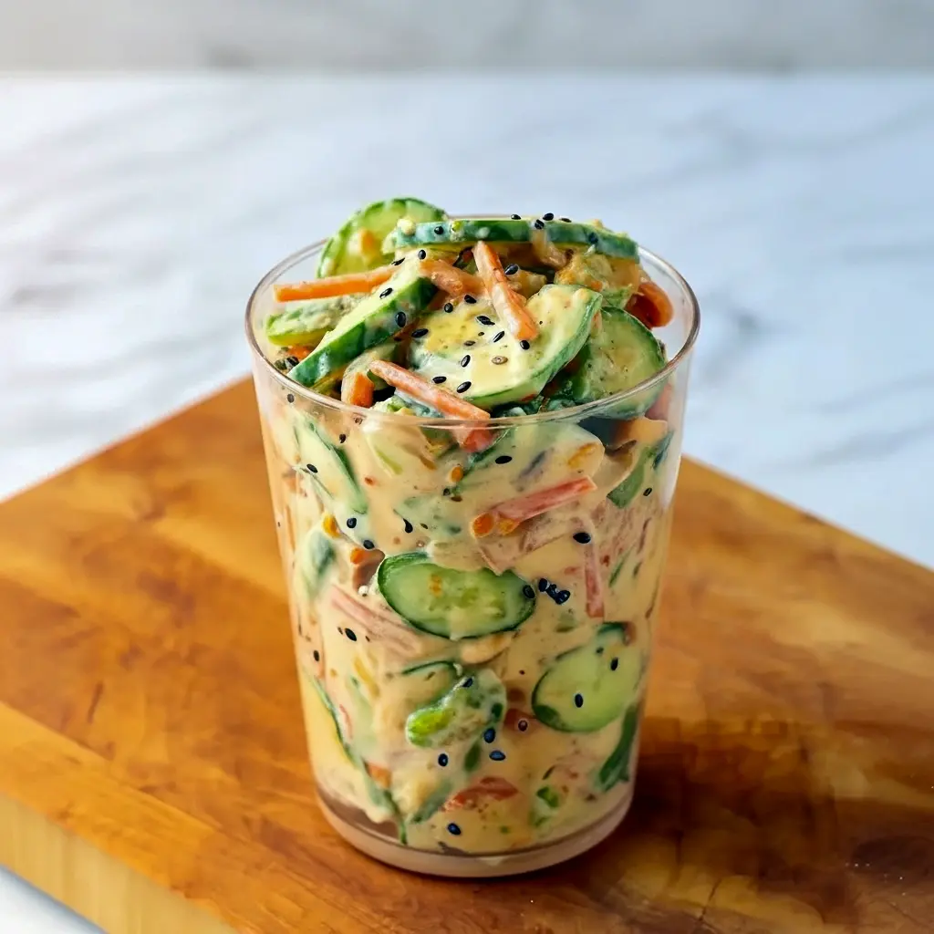 Jar of Creamy Asian Cucumber Salad showing thin cucumber slices, shredded carrots, edamame, tofu, and sesame seeds — a fresh, portable bowl ideal for Easy Light Dinners For Two.