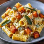 Close-up of pasta with caramelized sweet potato cubes, melted goat cheese, and fried sage — a signature Fresh Winter Recipes dish that doubles as an elegant Goat Cheese Dinner or hearty Fall Pasta Side Dishes option.