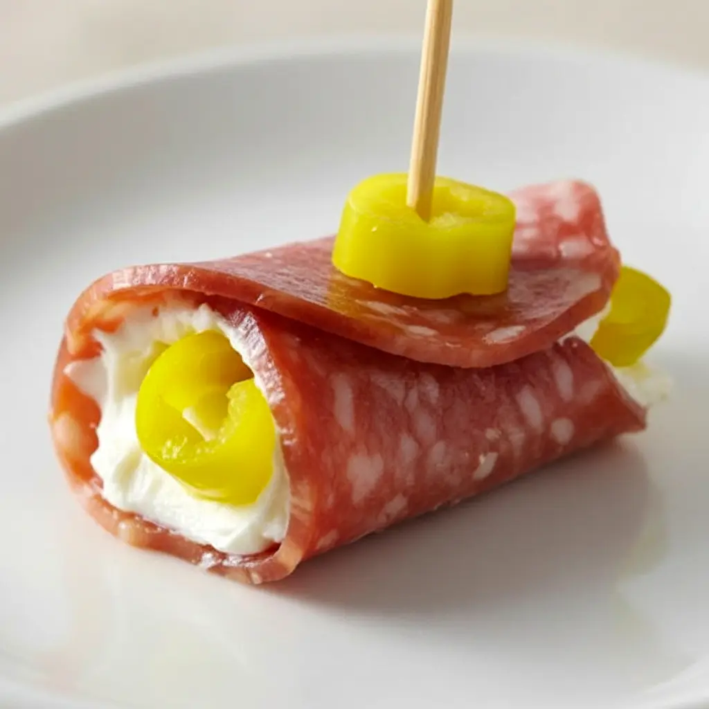Platter of Salami Cream Cheese Pepperoncini Roll Ups arranged on a board, showing creamy centers and tangy pepperoncini — ideal Finger Food Appetizers for a crowd.