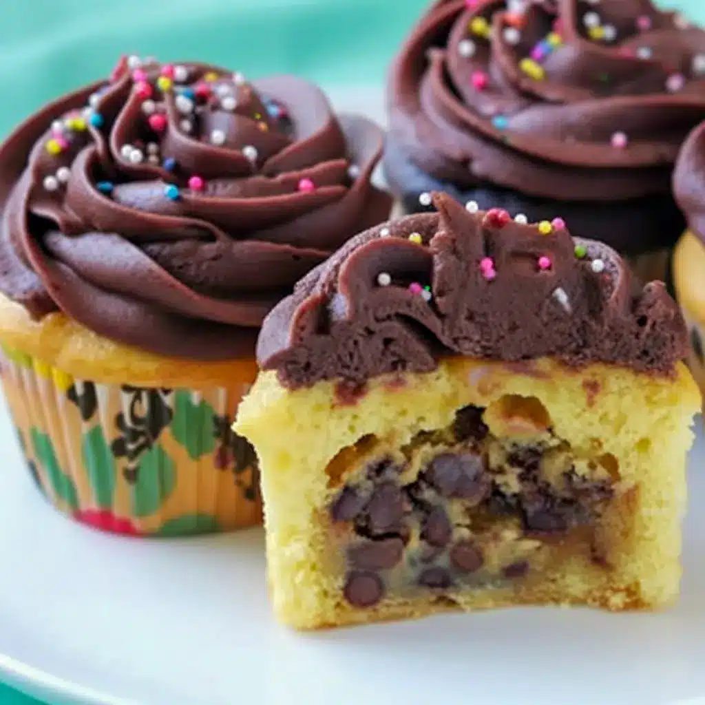 Close-up of a Chocolate Chip Cookie Dough Cupcakes split open to reveal a gooey cookie-dough center studded with mini chocolate chips, on a cooling rack.
