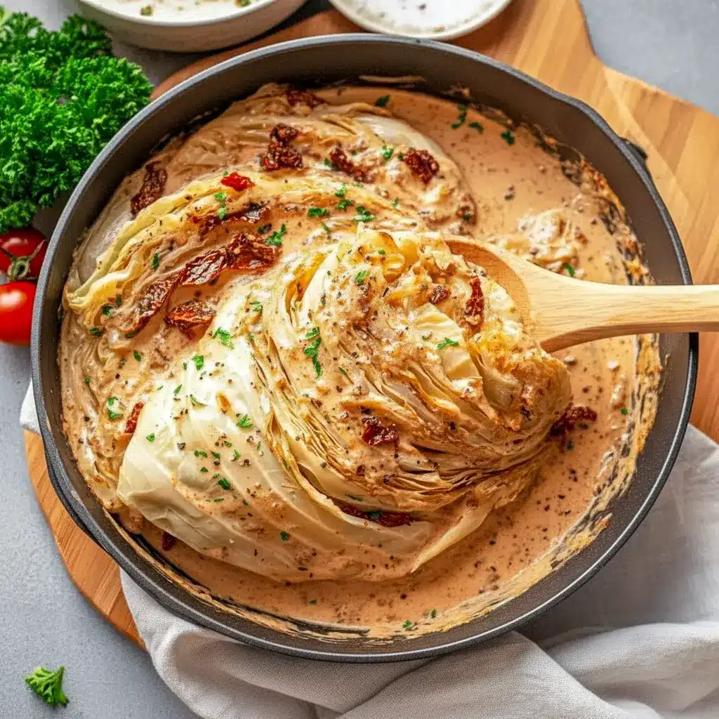 Skillet of golden, creamy Marry Me Melting Cabbage braised in a Tuscan-style sauce, garnished with parsley — a comforting Comfort Dishes and Cabbage Recipes plate ideal for Veggie Dishes.