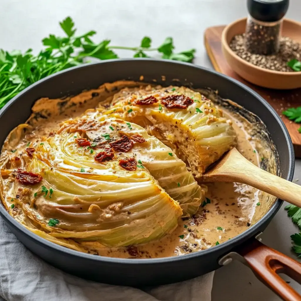 Skillet of golden, creamy Marry Me Melting Cabbage braised in a Tuscan-style sauce, garnished with parsley — a comforting Comfort Dishes and Cabbage Recipes plate ideal for Veggie Dishes.