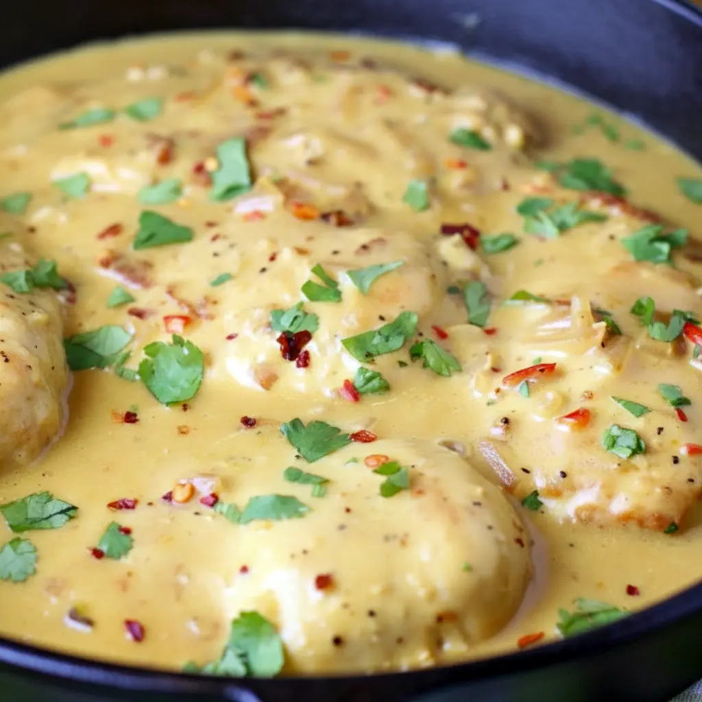 Skillet of Creamy Coconut Lime Chicken over jasmine rice, garnished with chopped cilantro and a lime wedge.