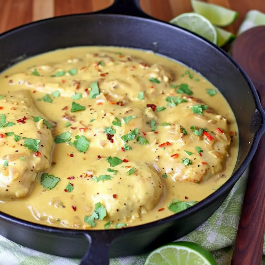 Skillet of Creamy Coconut Lime Chicken over jasmine rice, garnished with chopped cilantro and a lime wedge.