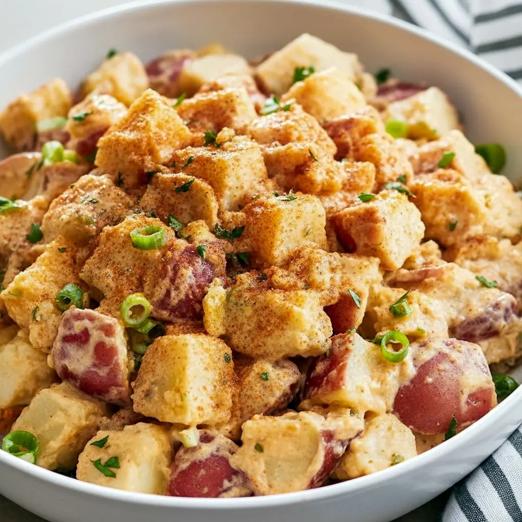 Bowl of creamy Cajun potato salad garnished with parsley and smoked paprika — a tasty Summer Southern Food side and top-rated Cajun Sides option for picnics and barbecues.