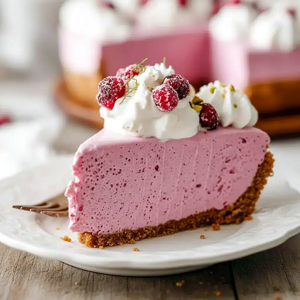 Cranberry Mousse Pie slice on a white plate, topped with whipped cream, sugared cranberries, and a rosemary sprig.