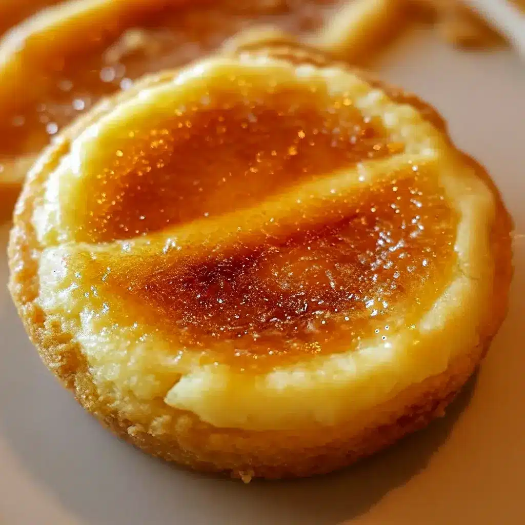 Creme Brule Cookies on a platter, caramelized golden tops cracked to reveal a tender, creamy center, styled with a sprinkle of coarse sugar.