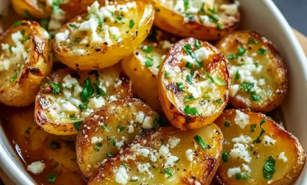 Golden, crispy wedges of Greek Lemon Potatoes in a roasting pan with lemon slices and parsley — ideal Sides For Fish Dishes or a zesty Fun Veggie Side Dishes option.
