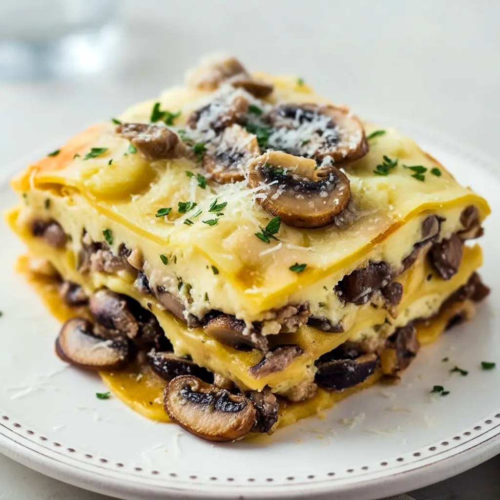 Slice of Mushroom Lasagna With Parmesan Bechamel showing creamy Mushroom Bechamel Lasagna layers, golden cheese, and a sprinkle of grated Pecorino on top.