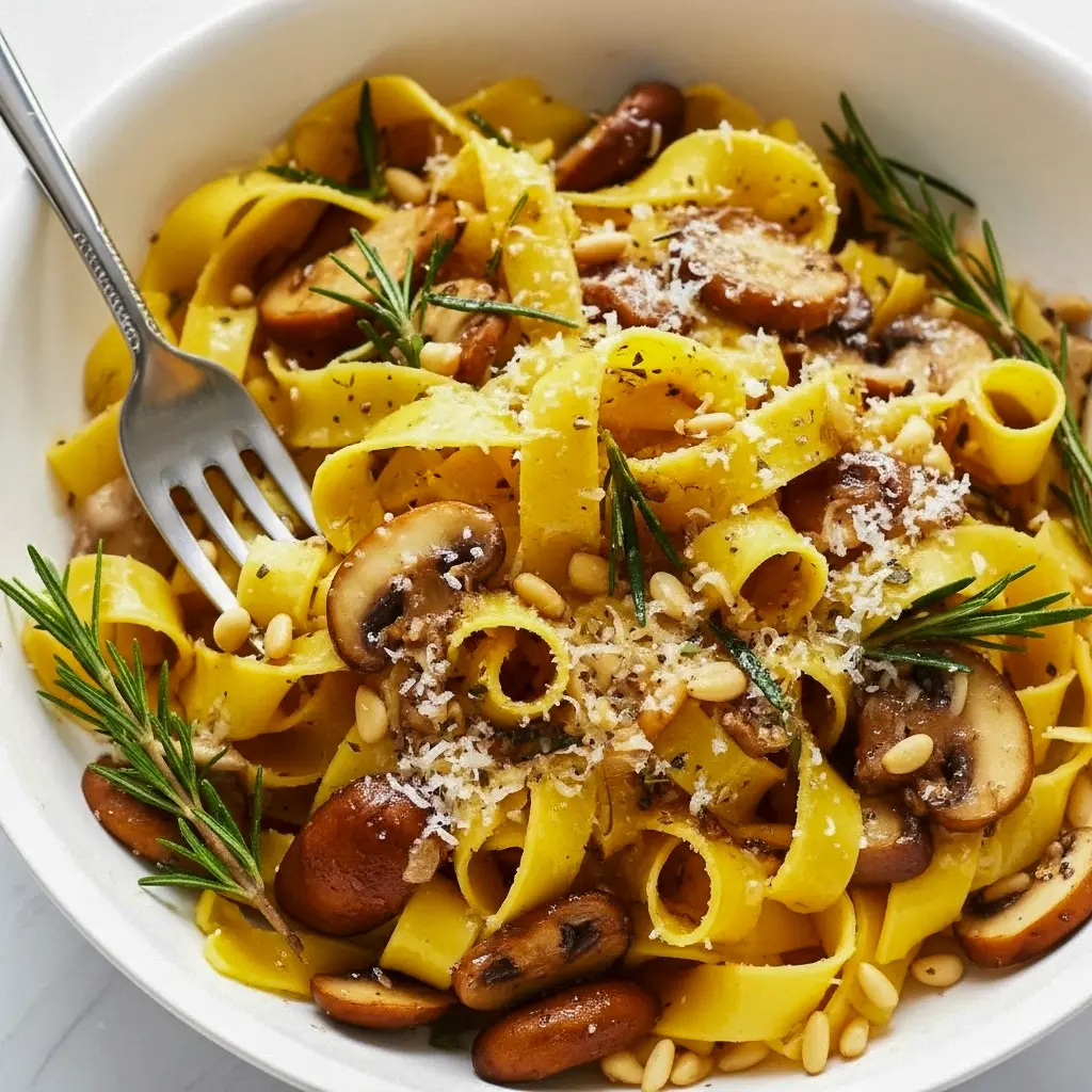 Close-up of a pappardelle bowl piled with golden, balsamic-glazed mushrooms and grated Parmesan — a hearty Mushroom Lovers Pasta shot highlighting a warm Vegetarian Pasta With Mushrooms serving.