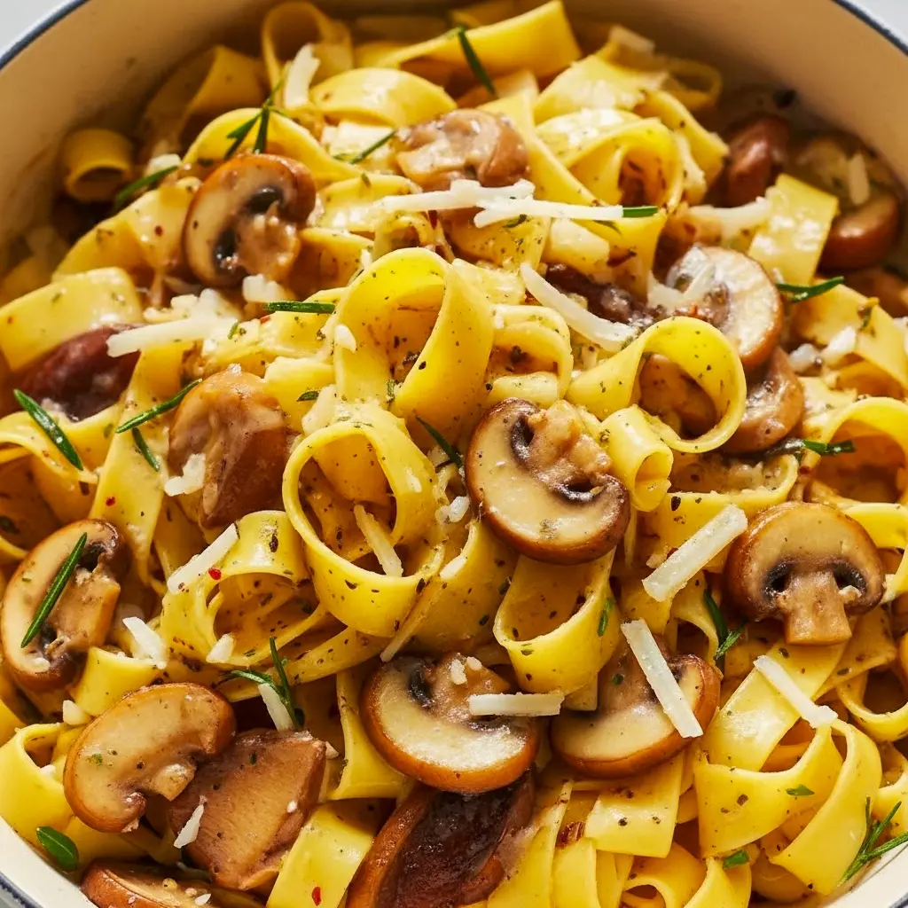 Close-up of a pappardelle bowl piled with golden, balsamic-glazed mushrooms and grated Parmesan — a hearty Mushroom Lovers Pasta shot highlighting a warm Vegetarian Pasta With Mushrooms serving.