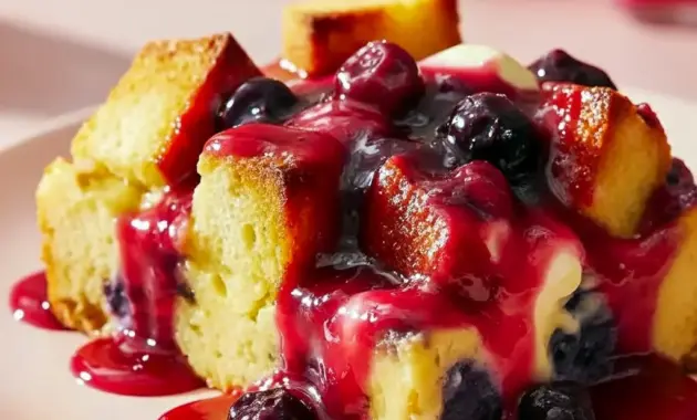 Close-up of a slice of Overnight Blueberry French Toast drizzled with glossy Blueberry Sauce, topped with fresh berries and a sprinkle of powdered sugar.