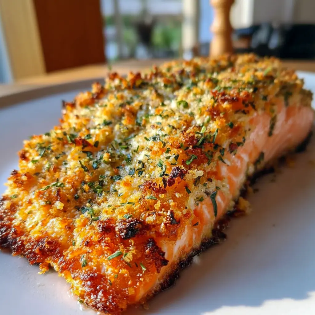 Parmesan-Crusted Salmon on a plate with lemon wedges and greens — golden crust and flaky fish, a classic Salmon Dinner Idea.