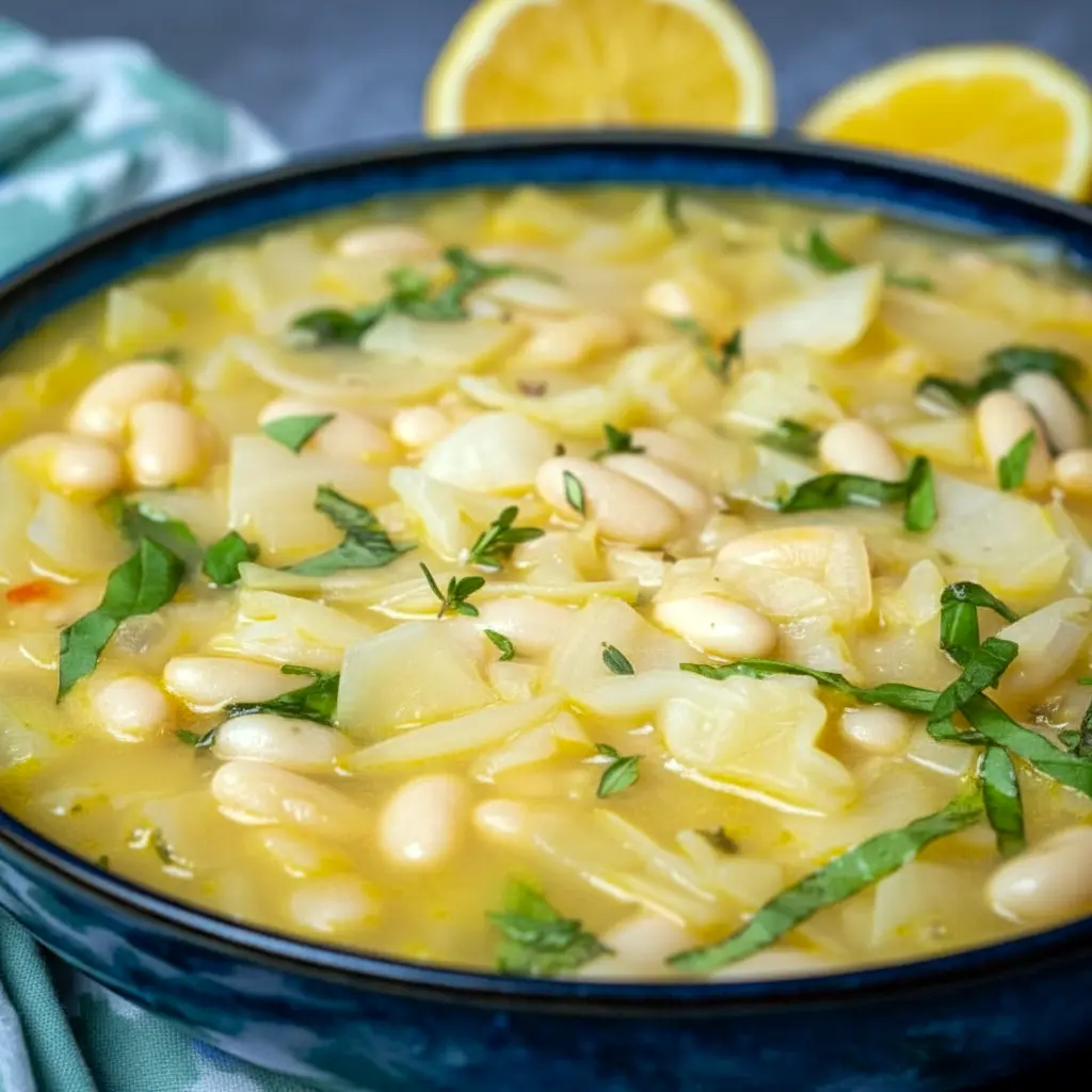 Bowl of steaming Bean And Cabbage Soup with shredded cabbage, white beans, fresh basil, and a lemon wedge, served with crusty bread.