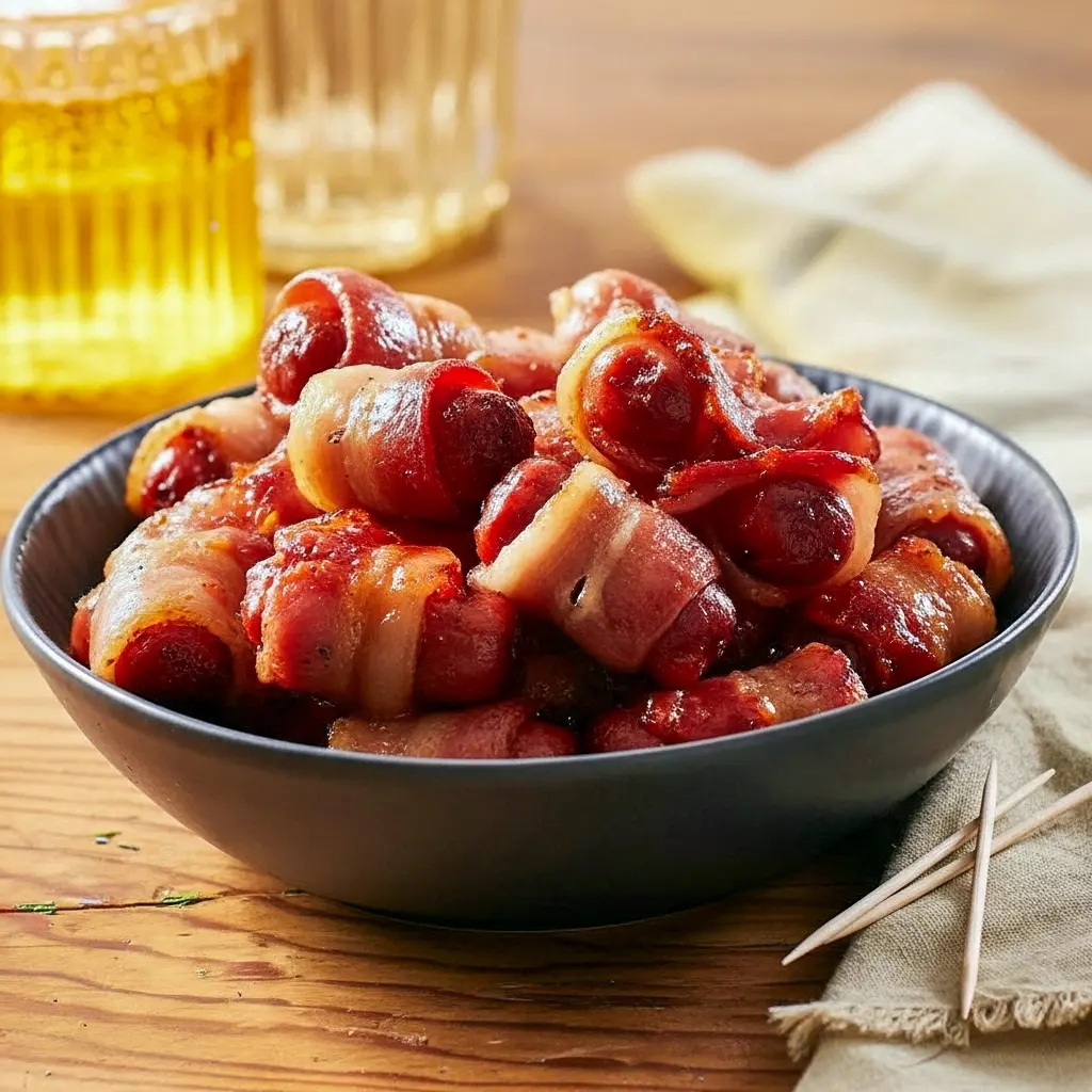 Smokies Recipe close-up: skewered bacon-wrapped little smokies glazed with brown sugar, piled on a platter next to a small bowl of Appetizer Dips.