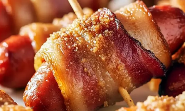 Smokies Recipe close-up: skewered bacon-wrapped little smokies glazed with brown sugar, piled on a platter next to a small bowl of Appetizer Dips.