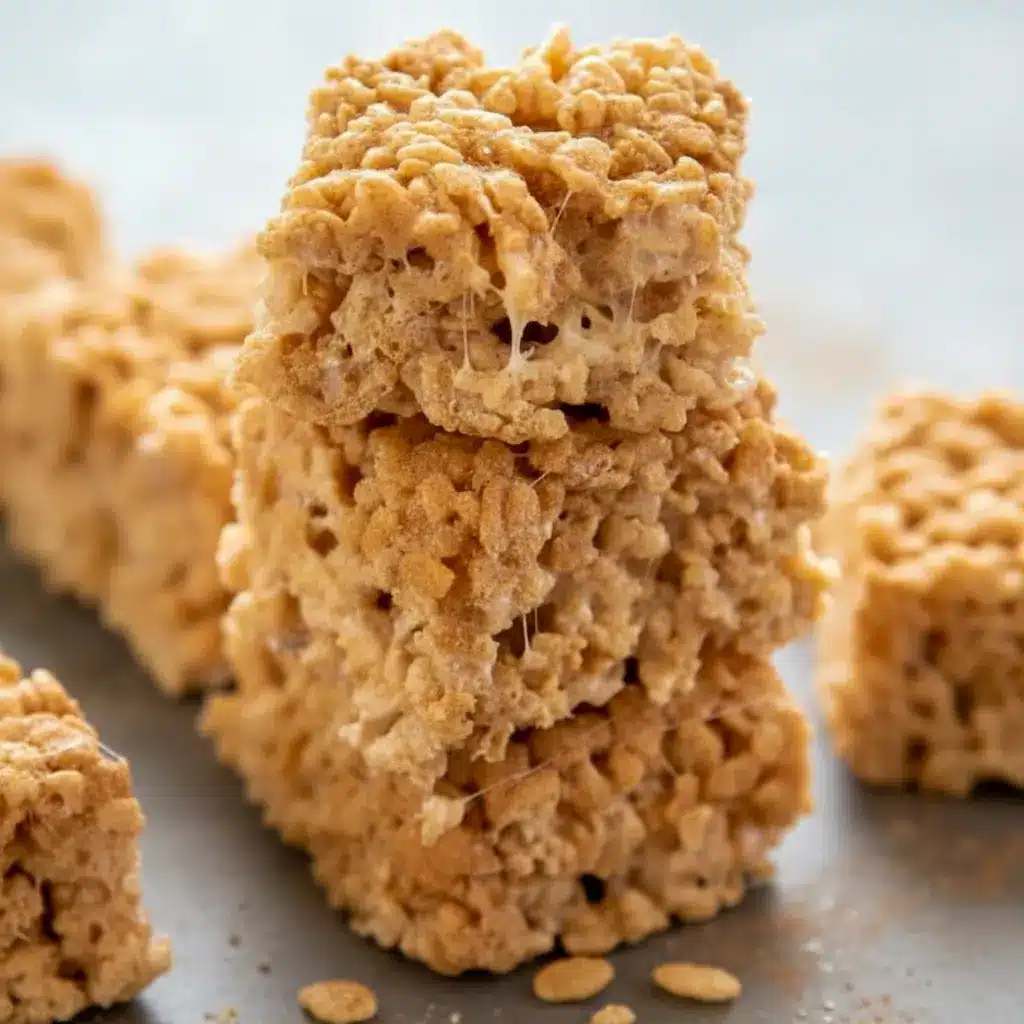 Close-up of two stacked Churro Rice Krispie bars, golden with cinnamon-sugar coating and gooey marshmallow pulls.