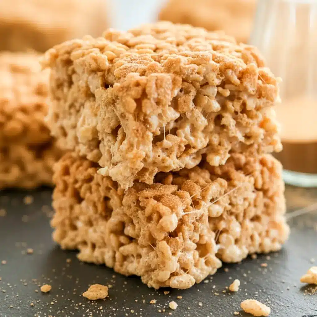Close-up of two stacked Churro Rice Krispie bars, golden with cinnamon-sugar coating and gooey marshmallow pulls.