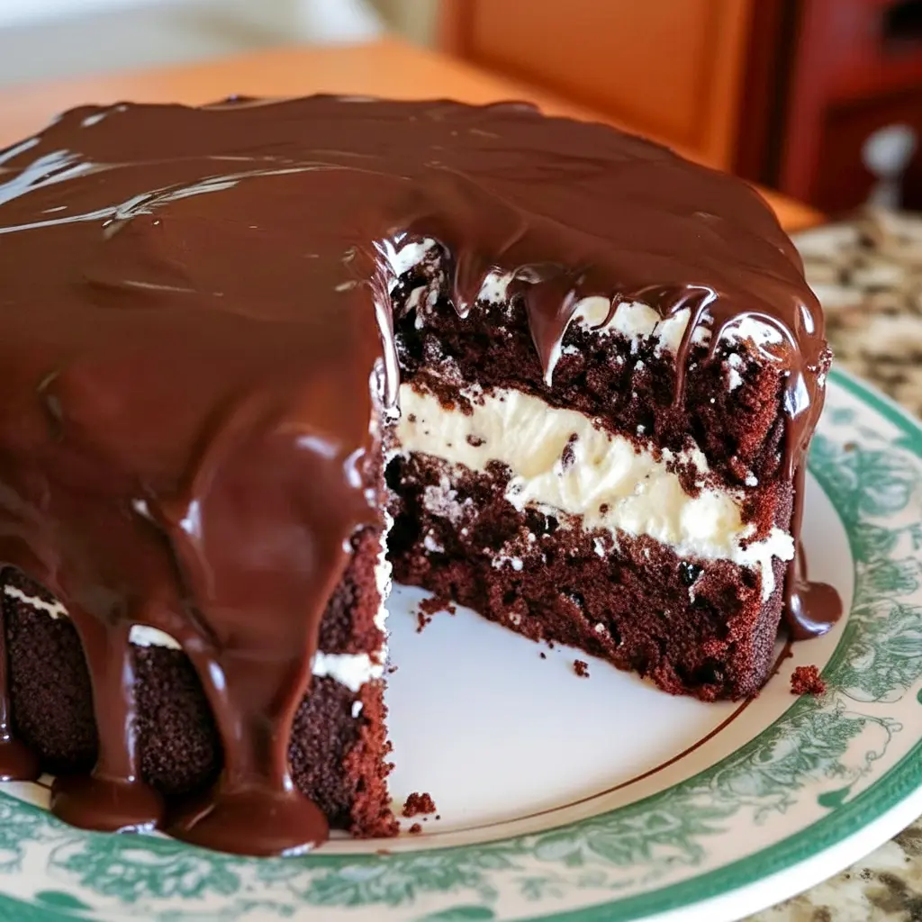 Sliced Ding Dong Cake showing moist chocolate layers and a fluffy cream filling — a classic Cakes With Filling look.
