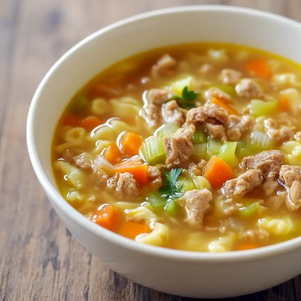 Close-up bowl of Homemade Soup Recipe egg roll soup showing pork, shredded cabbage, carrot ribbons, sliced green onions, and a halved boiled egg.