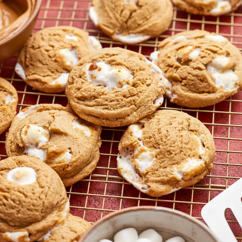 Close-up of a warm Peanut Butter Marshmallow Cookies cookie showing gooey marshmallow pockets and a tender, golden edge — a cozy Gluten Free Peanut Butter Dessert.