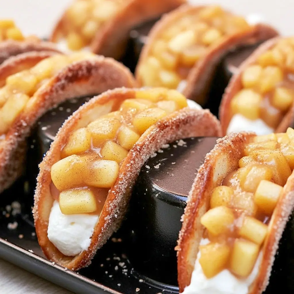 Homemade Apple Cheesecake Tacos: close-up of Cinnamon Sugar Tortillas shaped into taco shells, filled with creamy cheesecake and spiced apple topping, dusted with powdered sugar.