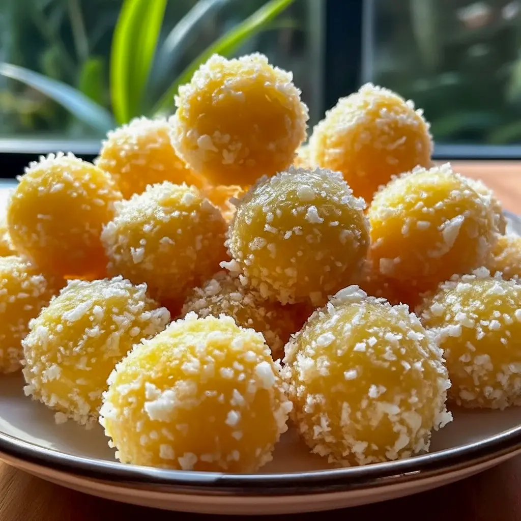 A platter of Pineapple Christmas Balls rolled in shredded coconut and arranged with festive greenery — a colorful Pineapple Recipes holiday treat ready to serve.
