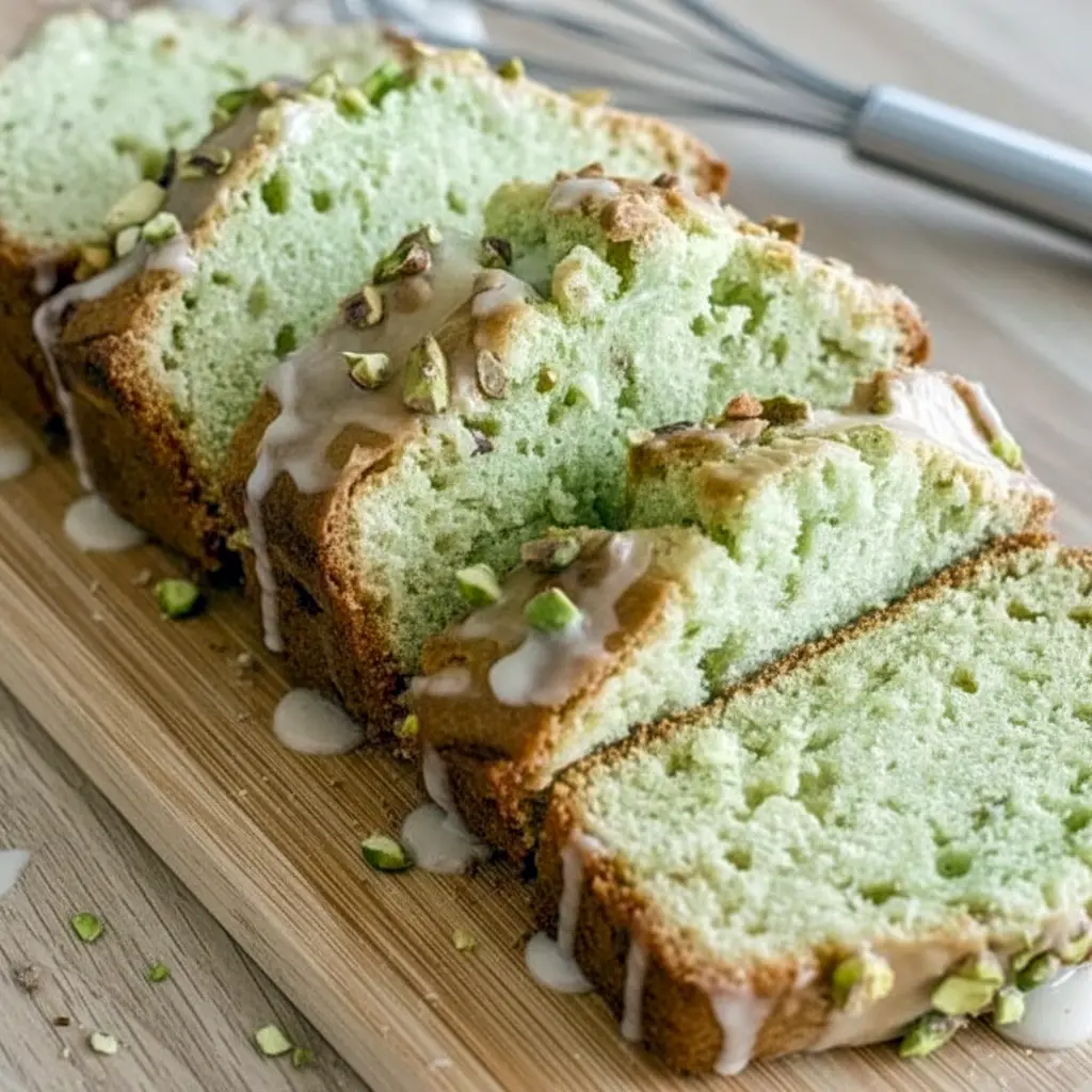 Slice of Pistachio Pudding Bread with pale green crumb and crushed pistachio topping, presented on a wooden board — a soft Pistachio Bread ideal for brunch or dessert.