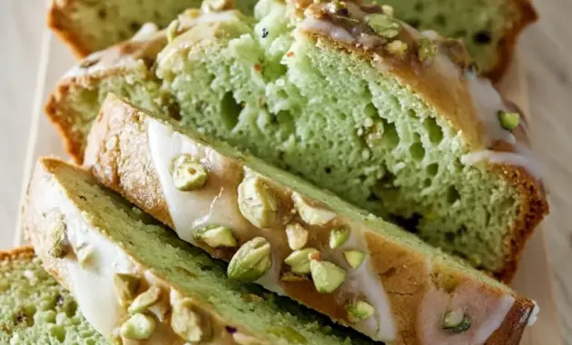 Slice of Pistachio Pudding Bread with pale green crumb and crushed pistachio topping, presented on a wooden board — a soft Pistachio Bread ideal for brunch or dessert.
