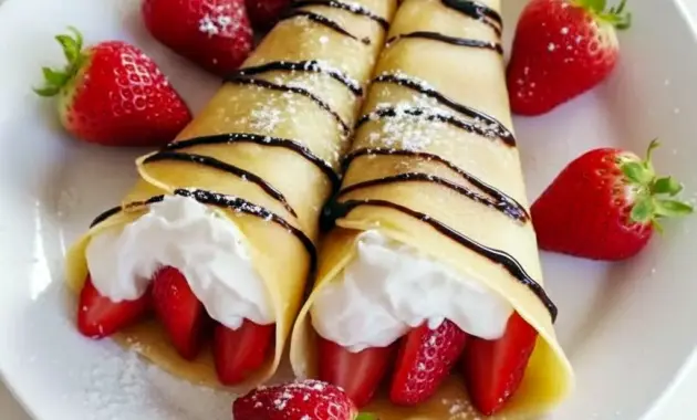 Close-up of stacked Sweet Crepes Recipe filled with sliced strawberries and whipped cream, drizzled with chocolate for a Strawberry Chocolate Crepes finish.
