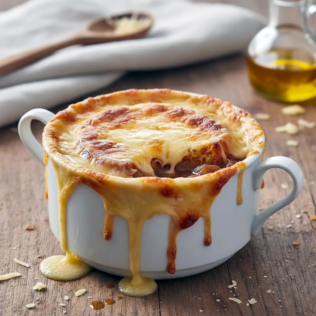 French Onion Soup Recipe — steaming bowl of onion soup topped with a toasted baguette slice and bubbling, browned cheese under the broiler.