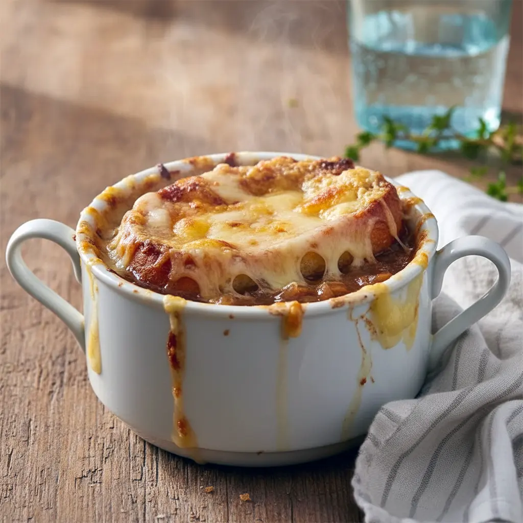 French Onion Soup Recipe — steaming bowl of onion soup topped with a toasted baguette slice and bubbling, browned cheese under the broiler.