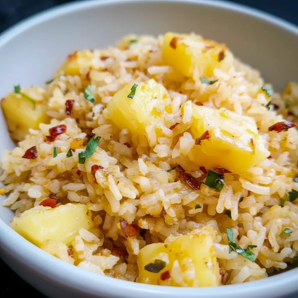 Pineapple Rice — close-up of coconut-scented rice studded with pineapple chunks, grated ginger, and green onions, served with a lime wedge.