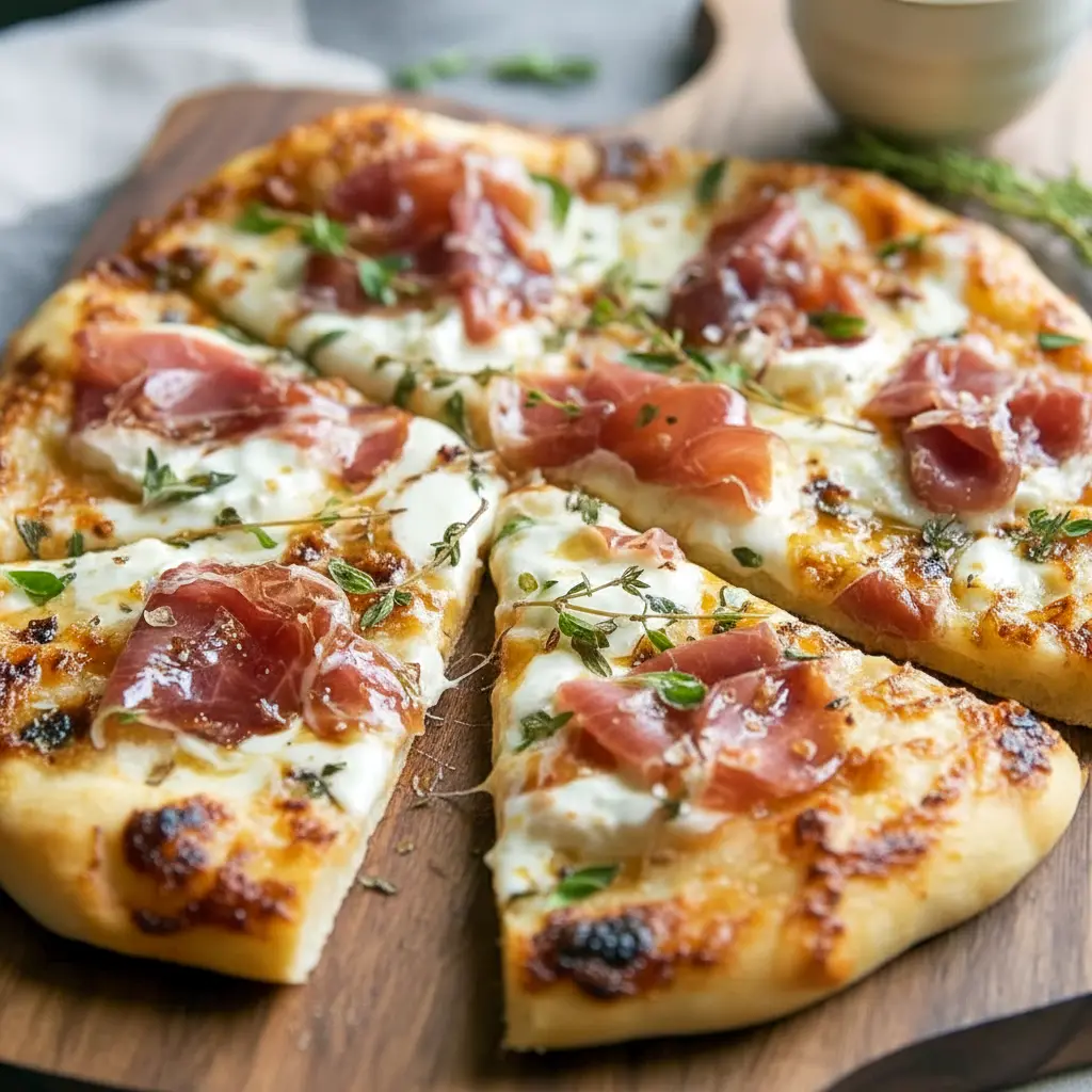 Home Pizza Ideas close-up of a white pizza with ricotta, melted mozzarella, beef prosciutto, and hot honey drizzle — a tasty example of Pizza Recipes Toppings and Fancy Pizza Toppings.