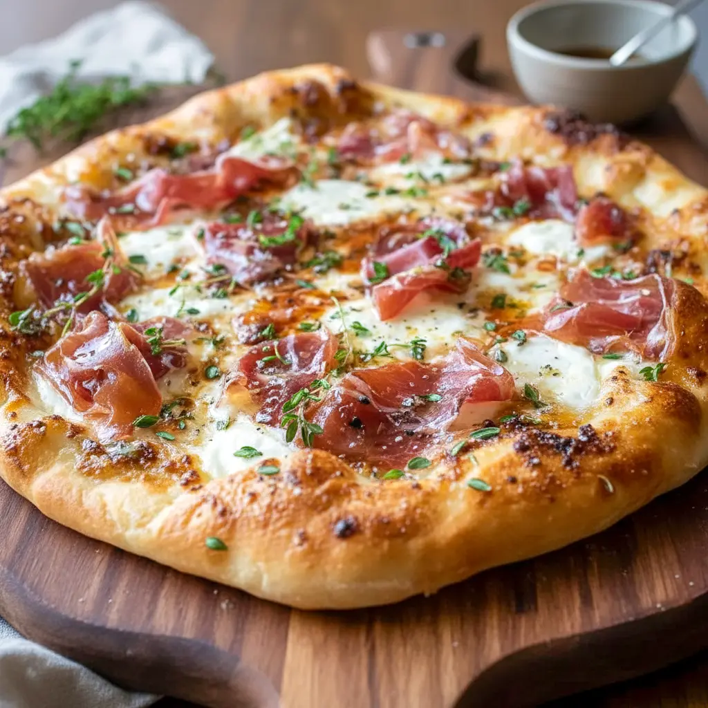 Home Pizza Ideas close-up of a white pizza with ricotta, melted mozzarella, beef prosciutto, and hot honey drizzle — a tasty example of Pizza Recipes Toppings and Fancy Pizza Toppings.