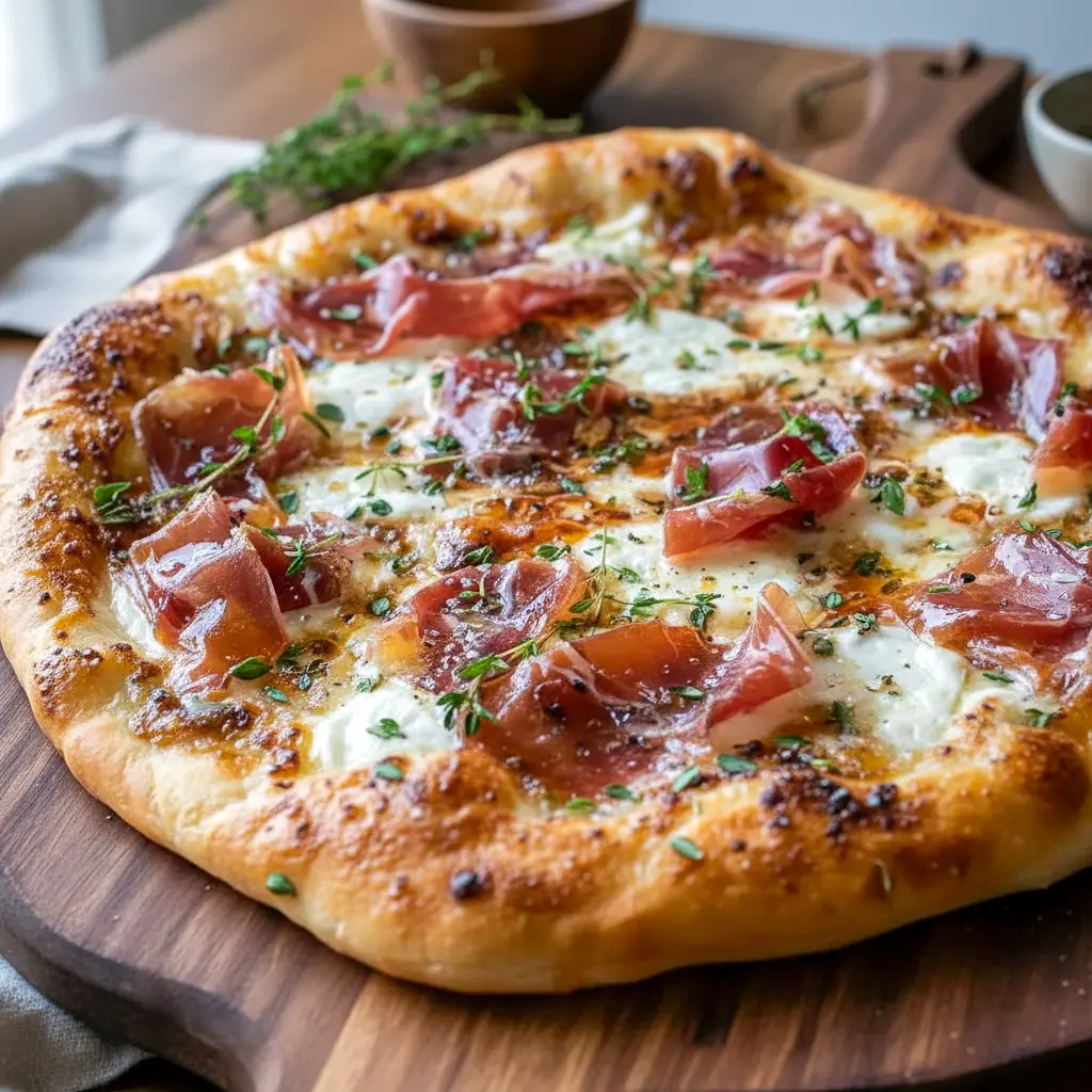 Home Pizza Ideas close-up of a white pizza with ricotta, melted mozzarella, beef prosciutto, and hot honey drizzle — a tasty example of Pizza Recipes Toppings and Fancy Pizza Toppings.