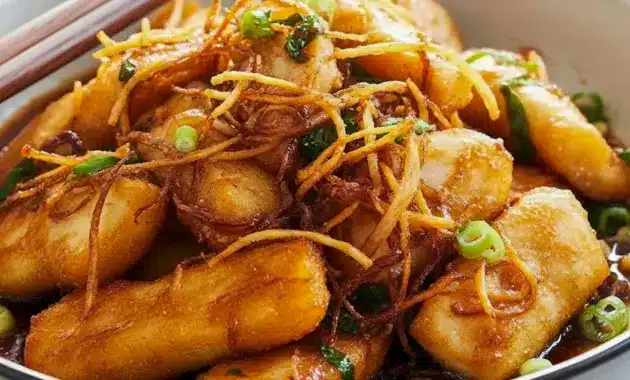 Close-up of golden pan-seared halibut glazed with soy-ginger sauce, topped with crispy ginger strips and scallions — an Asian Fish Dish Recipe and easy Asian Fish Dishes weeknight meal.