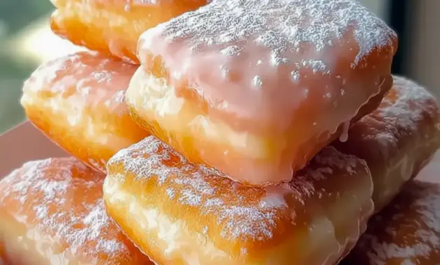 Close-up of a glazed Buttermilk Beignet square on a wire rack, showing shiny vanilla glaze and tender, golden interior.